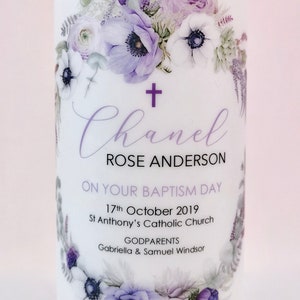 Personalised Baptism & Christening Candle Purple Peony Wreath 15x7cm