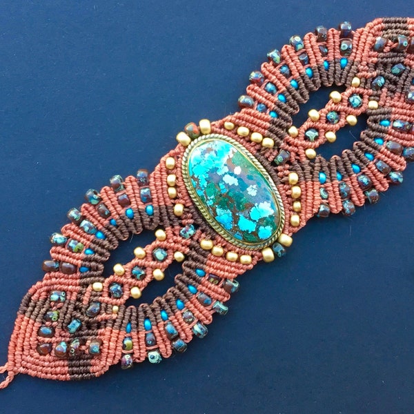 Syra - Turquoise pierre naturelle - Bracelet manchette macramé -  perles verre / céramiques japonaises