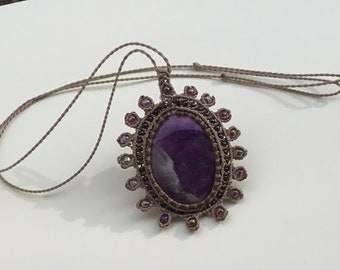 Deep Purple SUN - Natural stone pendant necklace Amethyst, macrame and glass beads - handmade- adjustable cord