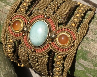 Salomée - Amazonite et Onyx rouge pierres naturelle - Bracelet manchette macramé - perles verre céramique laiton