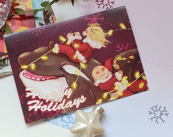 Orca Killer Whale Riding Holidays card - Christmas and New Years - Folded and Double sided artwork