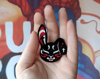 Guro Bunny Kabuki Mask, 2 inch pin on black recycled acrylic