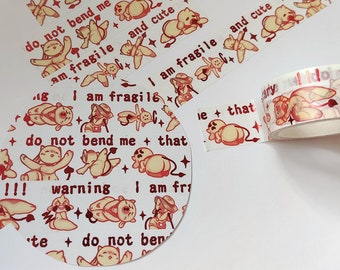 Washi tape, Warning Fragile and Cute, 20mm, Red foil on Funny meme demon, Handle with care themed art