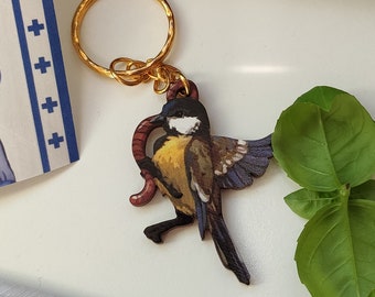 Great Tit Parus Major, Bird art keychain, Printed on wood, 1.5 inch