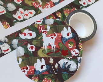 Washi tape, Creepy Eyes Forest, 20mm, Red foil on white animals on dark greens and strawberry mushroom art