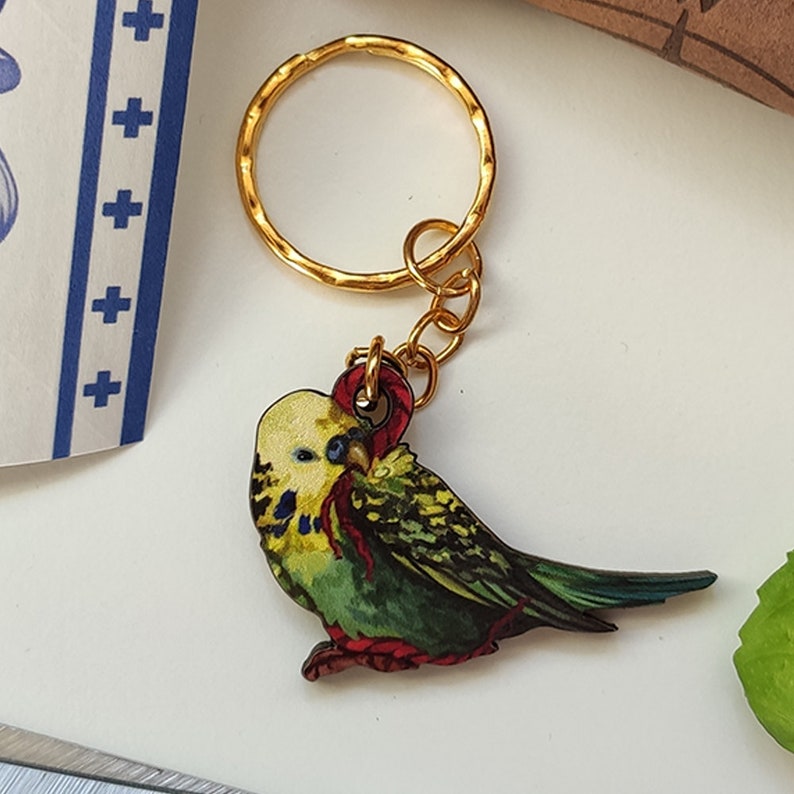 Cute Green Budgie Parakeet, Bird art keychain, Printed on wood, 1.5 inch image 1