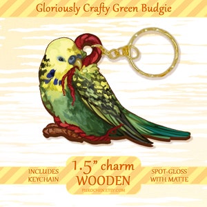 Cute Green Budgie Parakeet, Bird art keychain, Printed on wood, 1.5 inch 画像 2