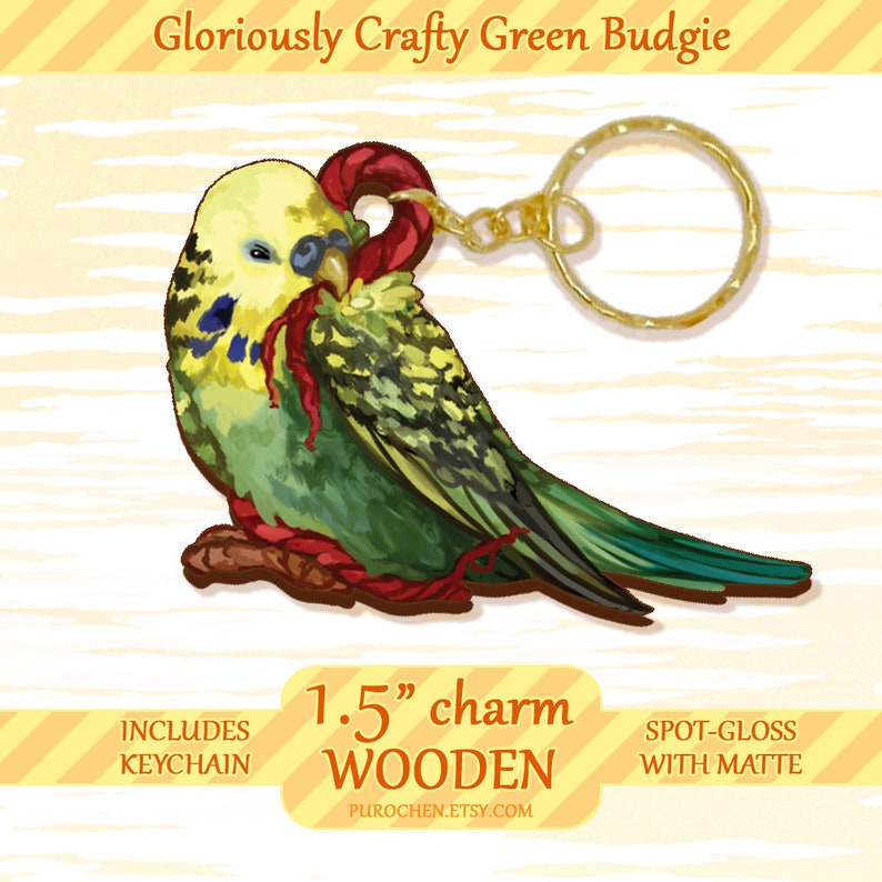 Cute Green Budgie Parakeet, Bird art keychain, Printed on wood, 1.5 inch 画像 2