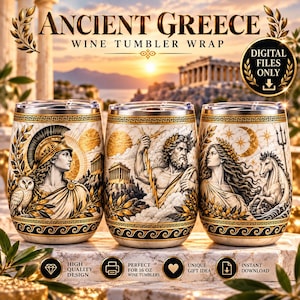 Peut inclure: Trois verres à vin avec des motifs sur le thème de la Grèce antique, illustrant Athéna avec une chouette, Zeus tenant un éclair et une déesse avec un cheval. Les verres présentent un fond effet marbre avec des accents dorés et des frises grecques.