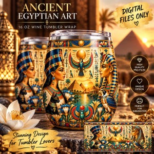 Peut inclure: Un habillage de gobelet à vin de 473 ml présentant de l'art égyptien ancien avec des représentations d'une reine, d'un pharaon, d'un chat noir, d'un faucon, d'un scarabée et de pyramides. Le design inclut des motifs hiéroglyphiques dorés.