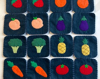 Fruits + Veggies Memory Matching Game: Felt Play Food Game
