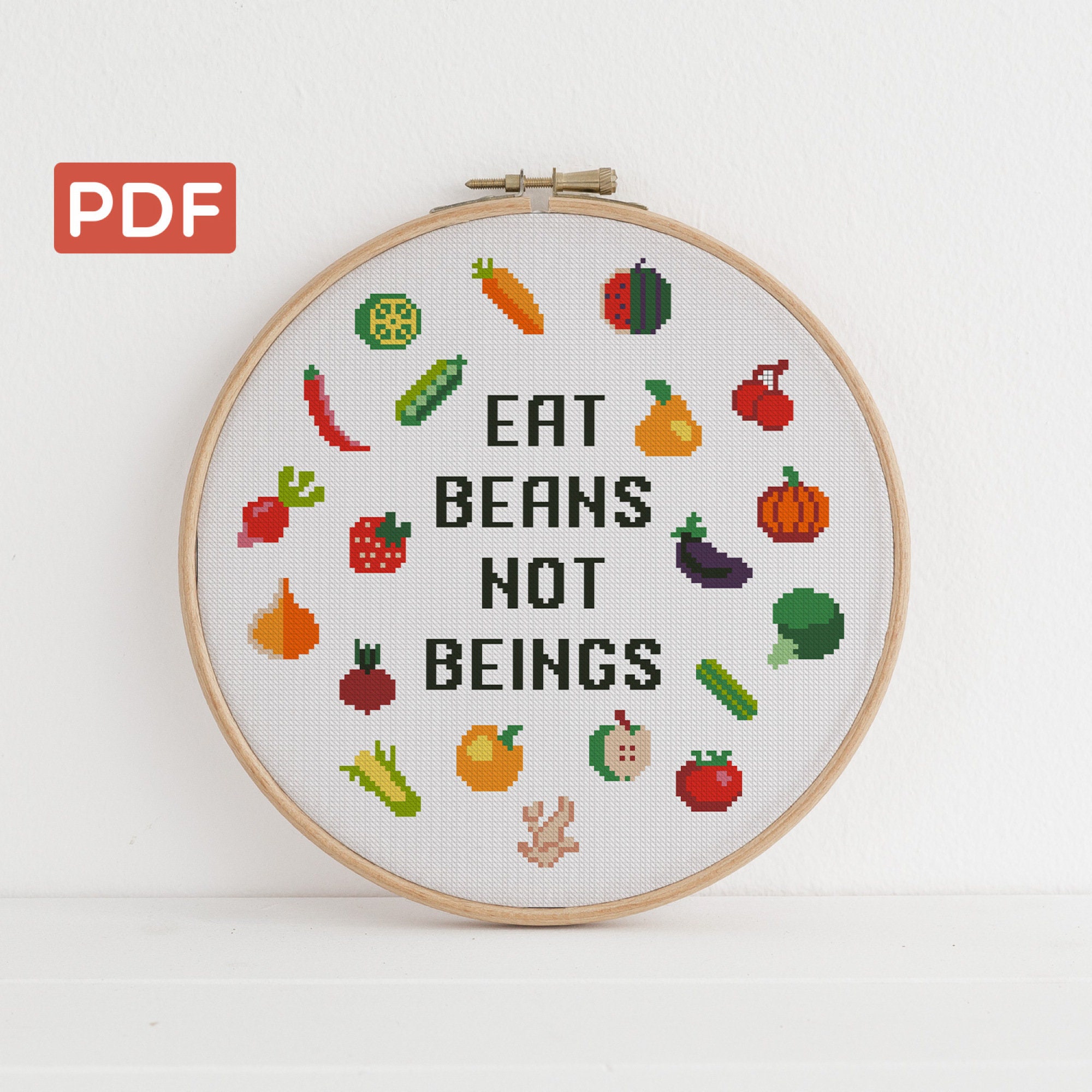 Vegetable Cross Stitch Pattern PDF. Eat Beans Not Beings. Etsy