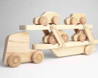 Custom wood toy Car Transporter Lorry (with moving parts and 4x small cars)
