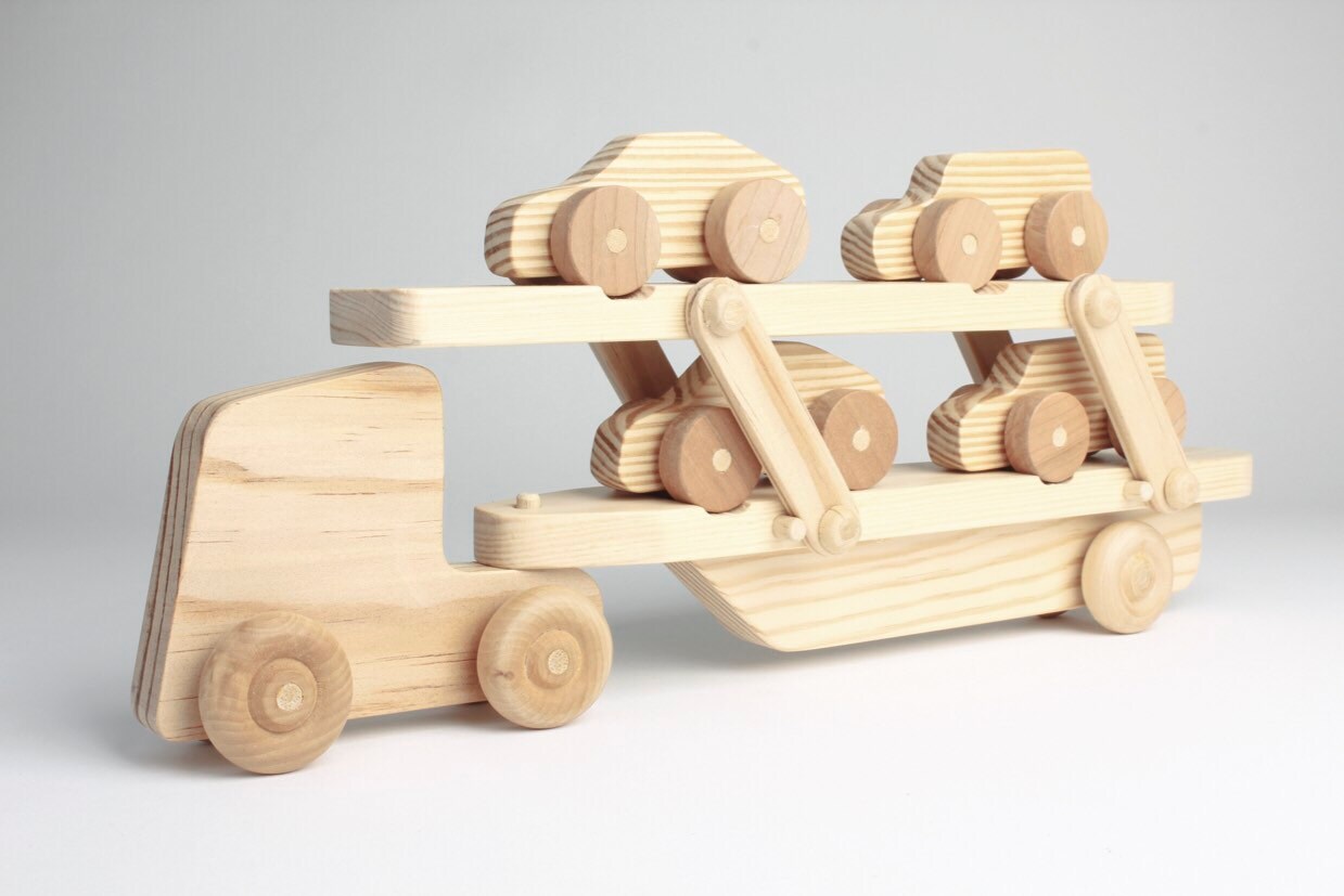 Custom Wood Toy Car Transporter Lorry with Moving Parts and 4x Small