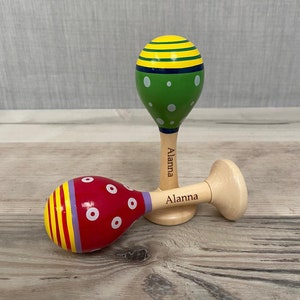 Personalised Wooden Maraca - Engraved Baby Toy - Red or Green - Rattle - Babyshower - First Birthday - Easter - Christening - Page Boy