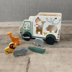 Personalised Safari Animals Shape Sorter and Truck - Wooden toys - Animal Play Set - Personalised Toys