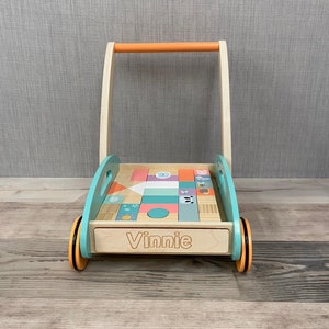 Personalised Wooden Unisex Walker with Shapes Learn to Walk Pastel Animal Blocks Toddler Gift Childrens Birthday image 2