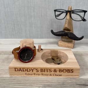 Personalised Solid Oak Bits and Bobs Tray - Father’s Day Gift - Dad Gift - Grandad Gift - Wooden Watch Holder - Change Holder - Ring Holder