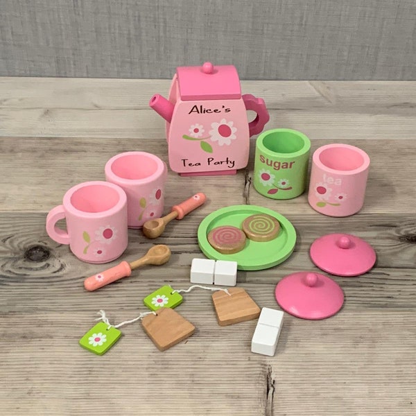 Personalised Wooden Tea Set - Pink and Green  - Tea Party - Christening Gift - Christmas Gift - CE Tested Toys