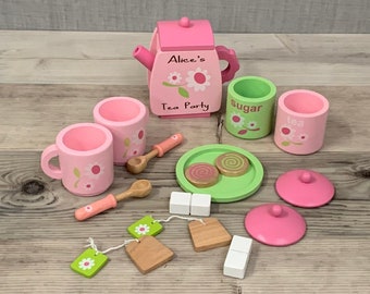 Personalised Wooden Tea Set - Pink and Green  - Tea Party - Christening Gift - Christmas Gift - CE Tested Toys