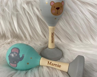 Personalised Set of 2 Maracas - Engraved Baby Toys - Elephant and Bear - Rattles - Babyshower - First Birthday - Easter - Christening