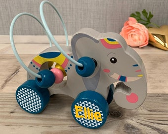 Personalised Push-along Elephant with Bead Rollercoaster - wooden toy