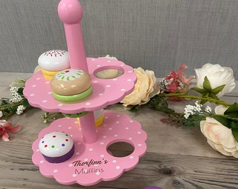 Personalised Wooden Pink Muffin Stand Playset - Cake Engraved Wooden Toy - Home Play - Tea Party - CE Tested Gifts