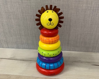 Personalised Wooden Toy Lion Stacker - Colourful Animal Stacker Baby Toy - Wooden Toys - Safari Toy