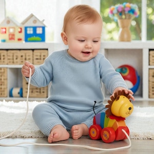 May include: A baby in a pale blue knitted outfit plays with a pull-along lion toy. The toy has a yellow head, a rainbow body, and red wheels. The baby is holding a white string. The background includes a window and toy storage.
