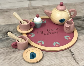 Coffret de jeu personnalisé en bois unisexe Birdie Tea - Afternoon Tea - Jouets en bois - Service à thé personnalisé - Tea Party - Cadeau pour tout-petit