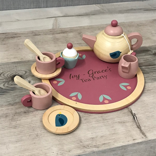 Coffret de jeu personnalisé en bois unisexe Birdie Tea - Afternoon Tea - Jouets en bois - Service à thé personnalisé - Tea Party - Cadeau pour tout-petit