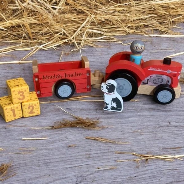Tractor agrícola de madera personalizado - Tractor de madera rojo - Granjero y perro de granja - Regalo de bautizo - Regalo de Navidad - Regalo para paje