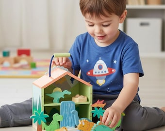 Personalised Dinosaur Play set with dino figures wooden toy house
