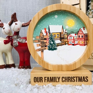 Personalised Family Snow Globe Style Christmas mantle piece - wooden printed sign - engraved decoration