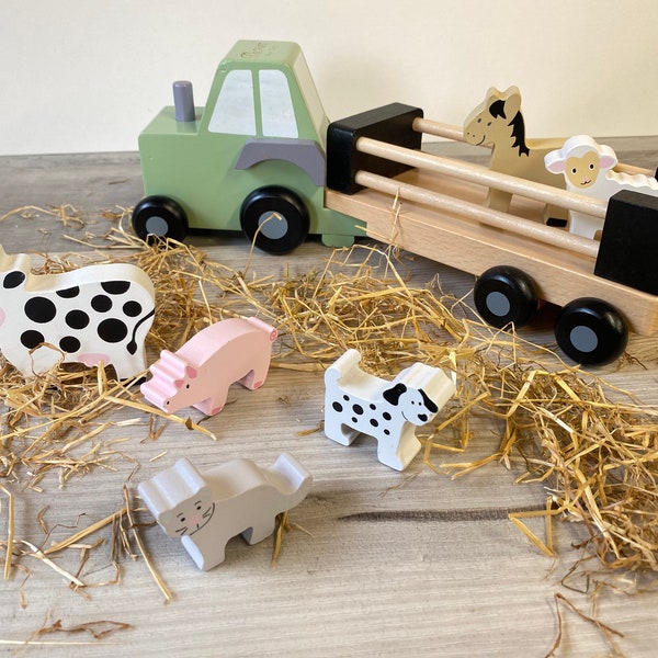 Gepersonaliseerde houten boerderijtractor - groene houten tractor - boerderijdieren - doopcadeau - kerstcadeau - paginajongencadeau - bloemenmeisje cadeau