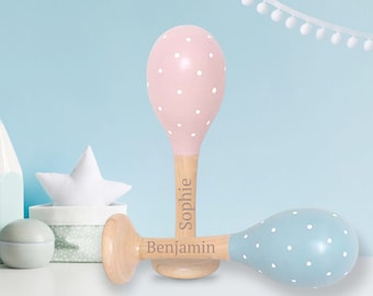 Maraca de madera personalizada - Juguete de bebé grabado - Rosa o azul - Sonajero - Baby shower - Primer cumpleaños - Pascua - Bautizo - Page Boy