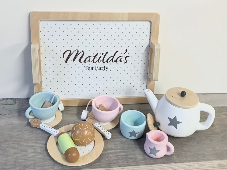 Personalised Wooden Tea Playset Stars Design Afternoon Tea Wooden Toys Personalized Tea Set Tea Party Unisex Tea Set image 1