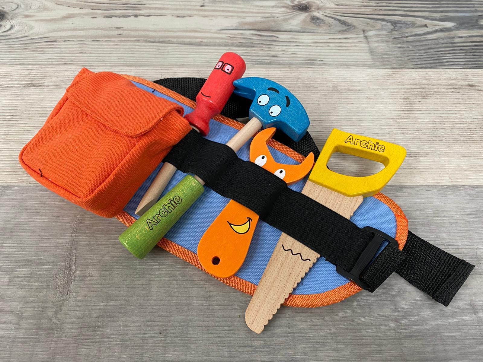 Personalised wooden multicoloured tool belt - builders’ belt - wooden toy - pretend tools