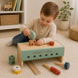 Personalised Wooden Workbench & Toolbox - Kids Tool Set, 2-in-1 Pretend Play Toy