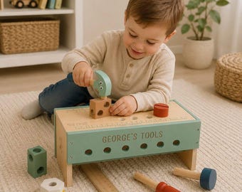 Personalised Wooden Workbench & Toolbox - Kids Tool Set, 2-in-1 Pretend Play Toy