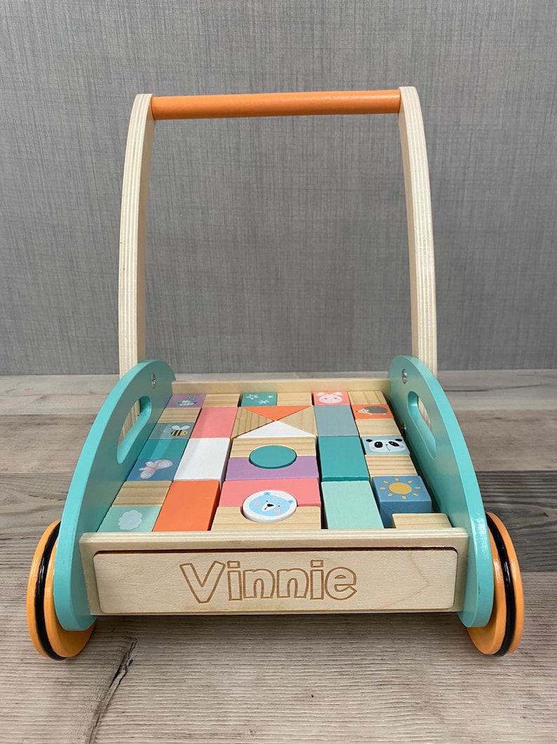 Personalised Wooden Unisex Walker with Shapes Learn to Walk Pastel Animal Blocks Toddler Gift Childrens Birthday image 8