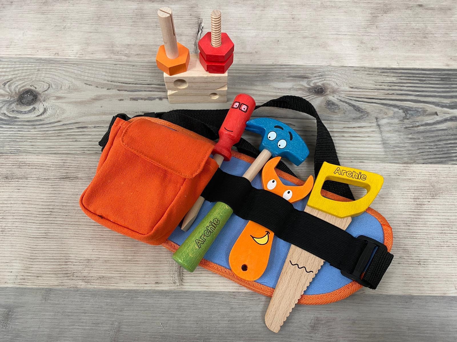 Personalised wooden multicoloured tool belt - builders’ belt - wooden toy - pretend tools