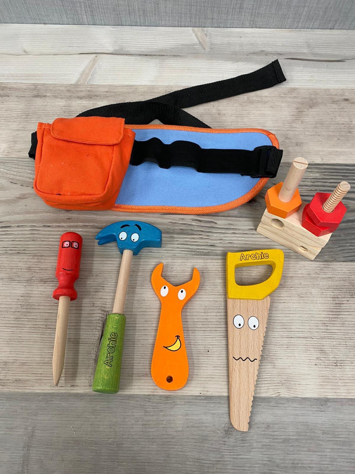 Personalised wooden multicoloured tool belt - builders’ belt - wooden toy - pretend tools