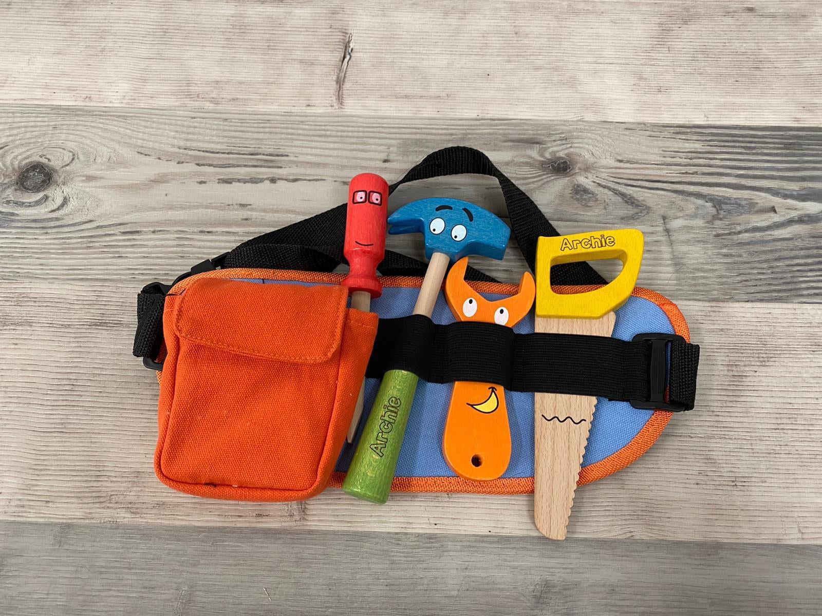 Personalised wooden multicoloured tool belt - builders’ belt - wooden toy - pretend tools