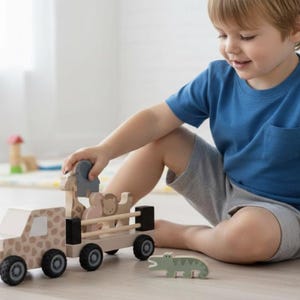 Personalised Wooden Safari Truck with Animals: Christening Gift
