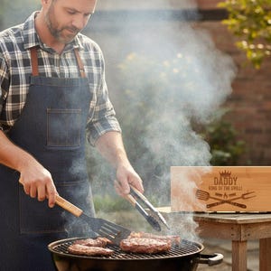 Personalised Wooden Barbecue Set - Engraved BBQ Tools - Grill King - Fathers Day Gift