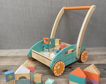 Personalised Wooden Unisex Walker with Shapes - Learn to Walk - Pastel Animal Blocks - Toddler Gift - Children’s Birthday