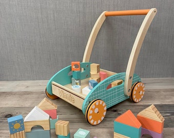 Personalised Wooden Unisex Walker with Shapes - Learn to Walk - Pastel Animal Blocks - Toddler Gift - Children’s Birthday