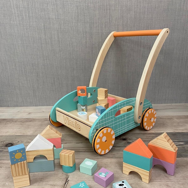 Personalised Wooden Unisex Walker with Shapes - Learn to Walk - Pastel Animal Blocks - Toddler Gift - Children’s Birthday