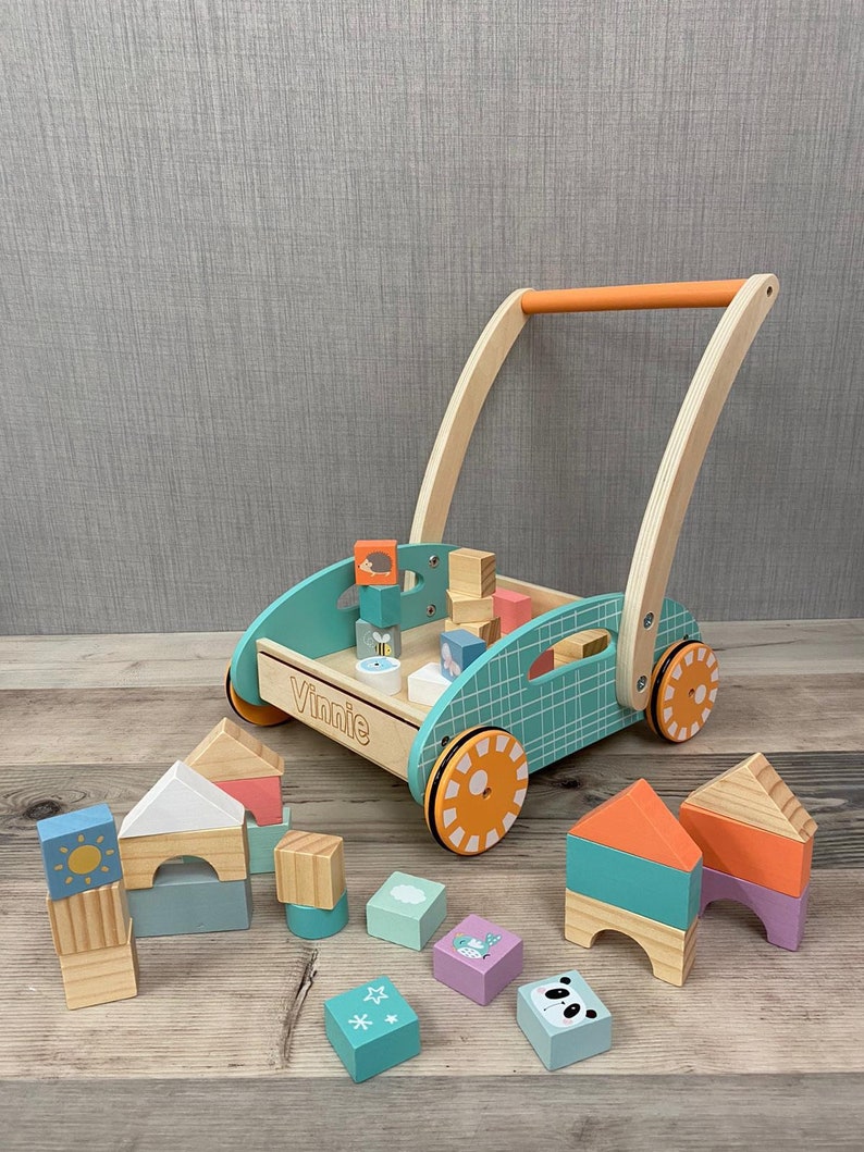 Personalised Wooden Unisex Walker with Shapes Learn to Walk Pastel Animal Blocks Toddler Gift Childrens Birthday image 1